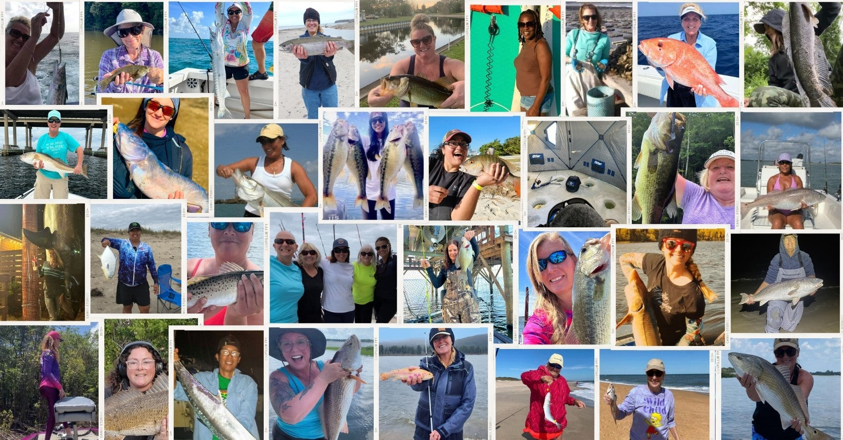 A collage of many different ladies with fish they caught. These are ladies from our Facebook group.