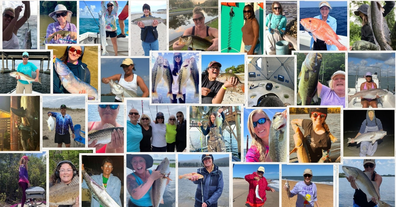 A collage of many different ladies with fish they caught. These are ladies from our Facebook group.